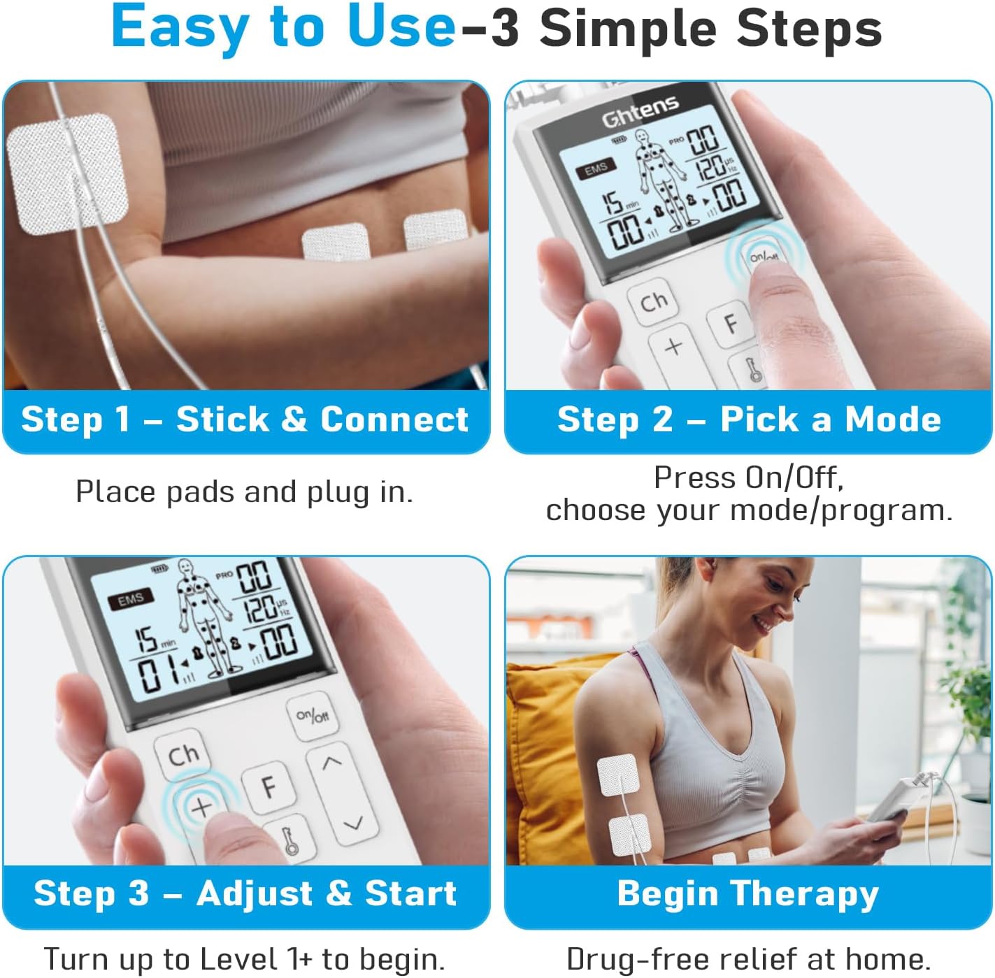 TENS Machine for Pain Relief – GHTENS Rechargeable EMS Unit with 5 Modes, 80 Programs, Dual Channels & 8 Electrode Pads for Back, Sciatica, Shoulder Pain