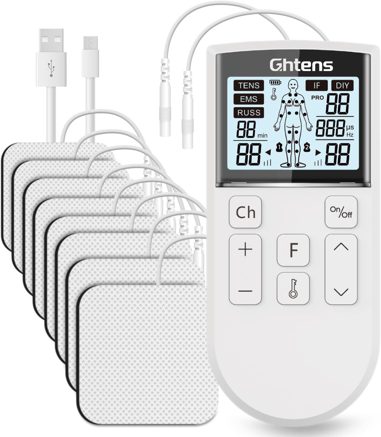 TENS Machine for Pain Relief – GHTENS Rechargeable EMS Unit with 5 Modes, 80 Programs, Dual Channels & 8 Electrode Pads for Back, Sciatica, Shoulder Pain